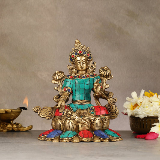Pure Brass Goddess Green Tara Idol with Nepalese Stonework – 6 Inches - Sama Homes Idol - Brass Sculpture