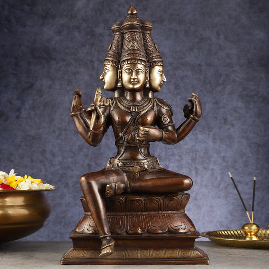 Pure Brass Seated Lord Brahma Sculpture - 16 inch antique Chola - Sama Homes Idol - Brass Sculpture