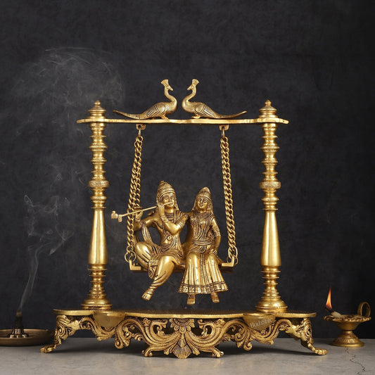 Pure Brass Radha Krishna Swing Jhoola 16" - Sama Homes Idol - Brass Sculpture