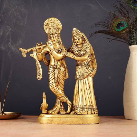 Pure Brass Radha Krishna with Peacock Idol - 11 inch - Sama Homes Idol - Brass Sculpture