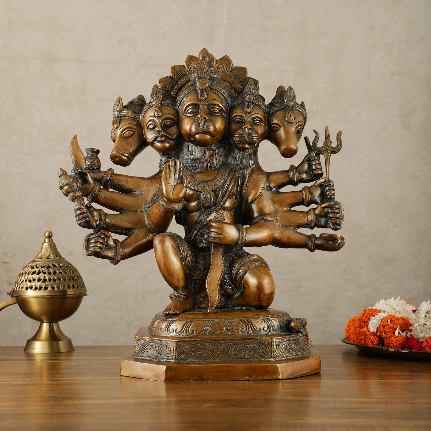 Large Pure Brass Panchmukhi Hanuman Statue – Copper Tone, 17 Inch - Sama Homes Idol - Brass Sculpture