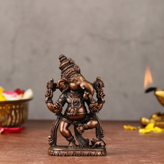 Pure Copper Dancing Ganesha idol - 3-inch - Sama Homes Idol - Brass Sculpture