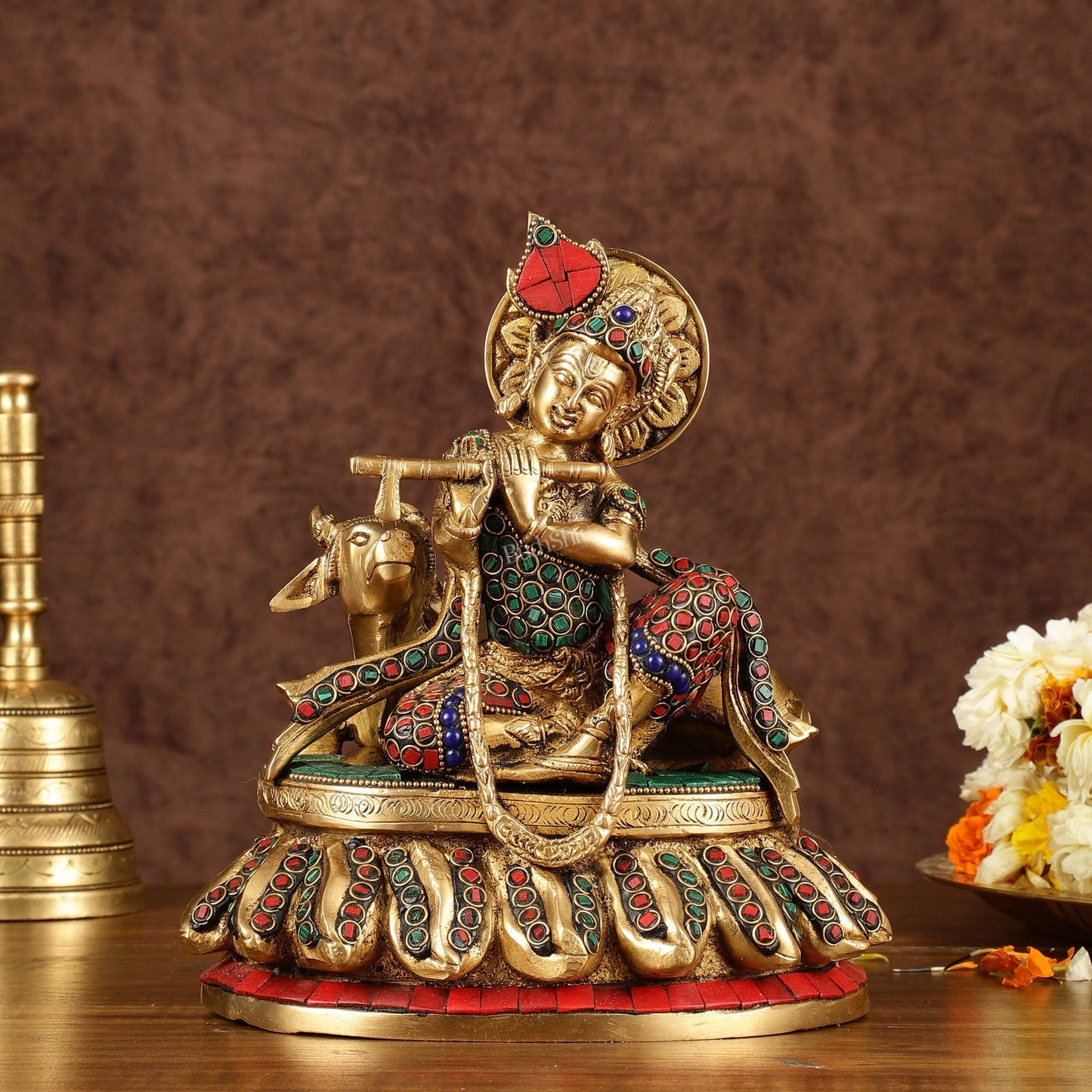 Lord krishna seated with cow brass idol with stonework 7.5 inch - Sama Homes Idol - Brass Sculpture
