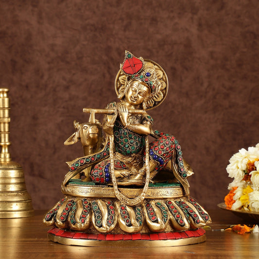 Lord krishna seated with cow brass idol with stonework 7.5 inch - Sama Homes Idol - Brass Sculpture