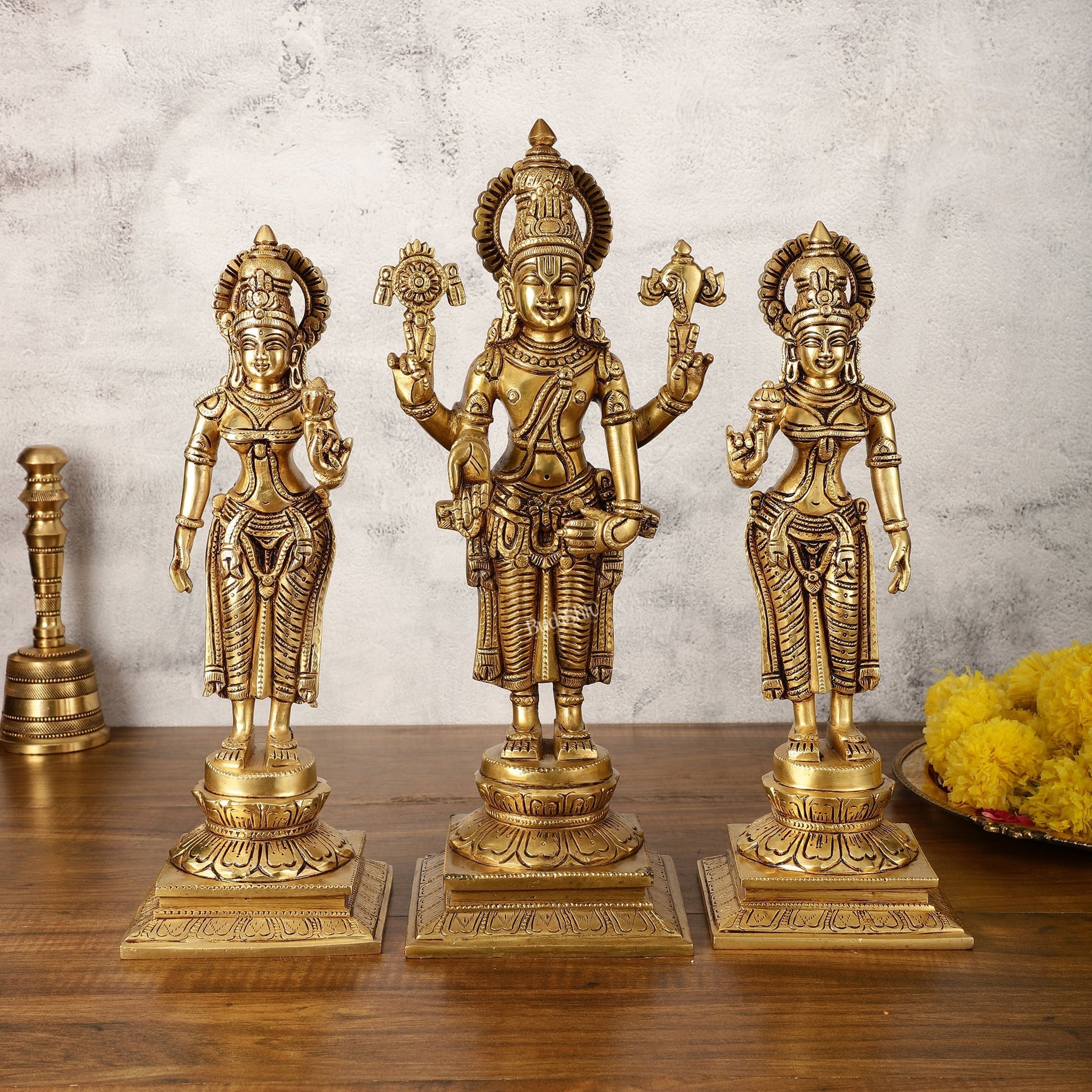 Pure Brass Tirupati Balaji with Bhudevi and Sridevi - Set of Three Idols 14 inch - Sama Homes Idol - Brass Sculpture - Eco-friendly - Sama Homes