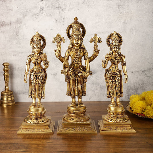 Pure Brass Tirupati Balaji with Bhudevi and Sridevi - Set of Three Idols 14 inch - Sama Homes Idol - Brass Sculpture