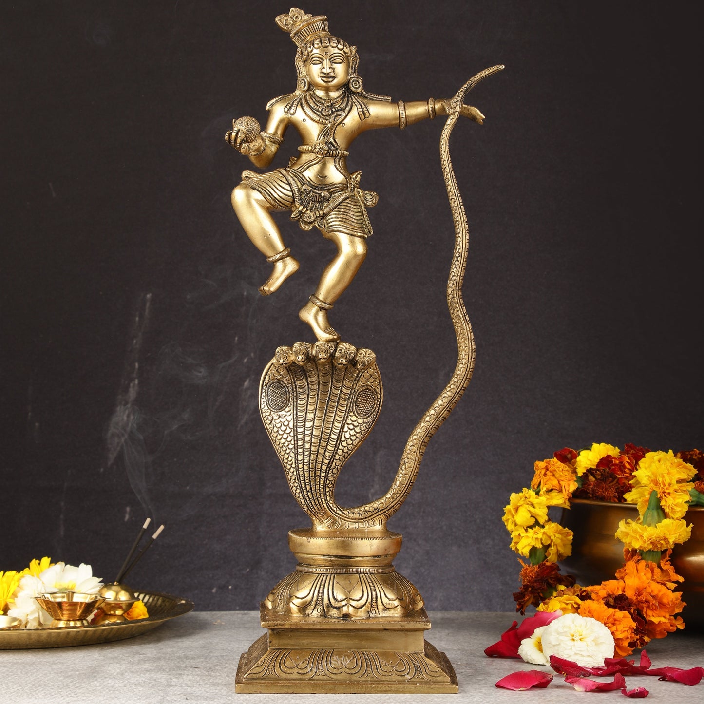 Brass Kalinga Krishna on Kaliya Naag Statue - 18" Height | 100% Certified Copper & Brass - Sama Homes Idol - Brass Sculpture