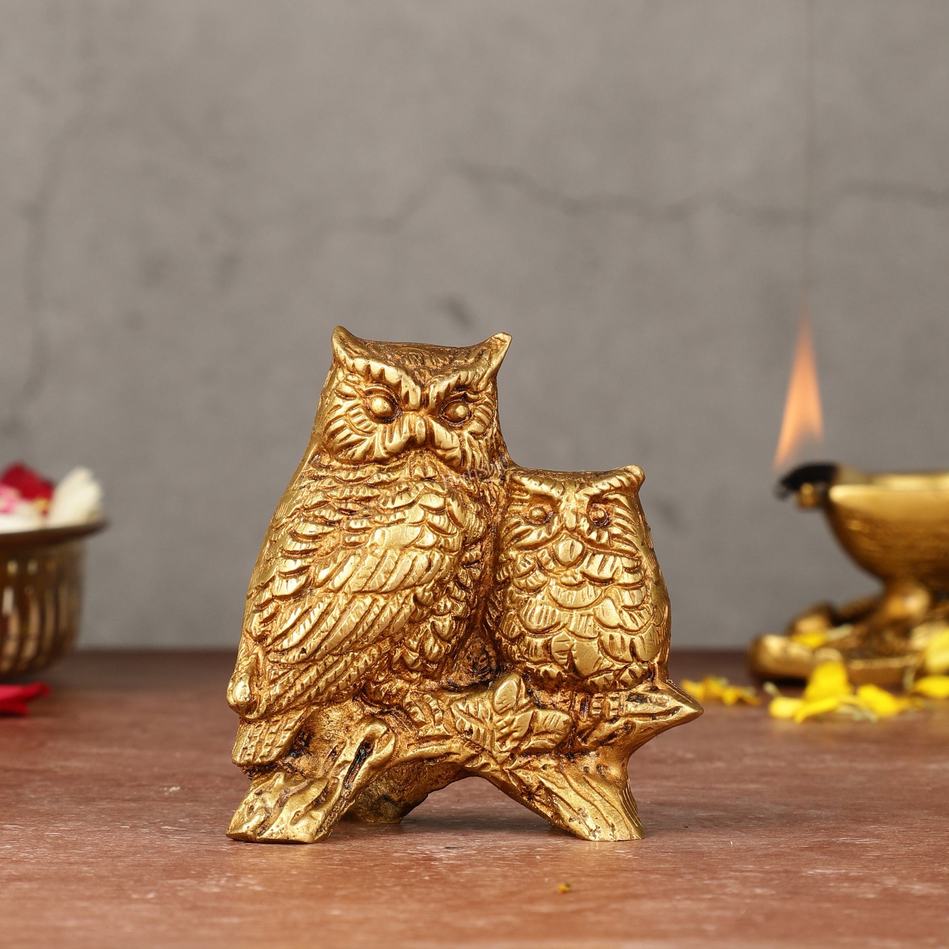 Pure Brass Vastu Owl Pair Showpiece | Width 3 Inch - Sama Homes Idol - Brass Sculpture - Eco-friendly - Sama Homes