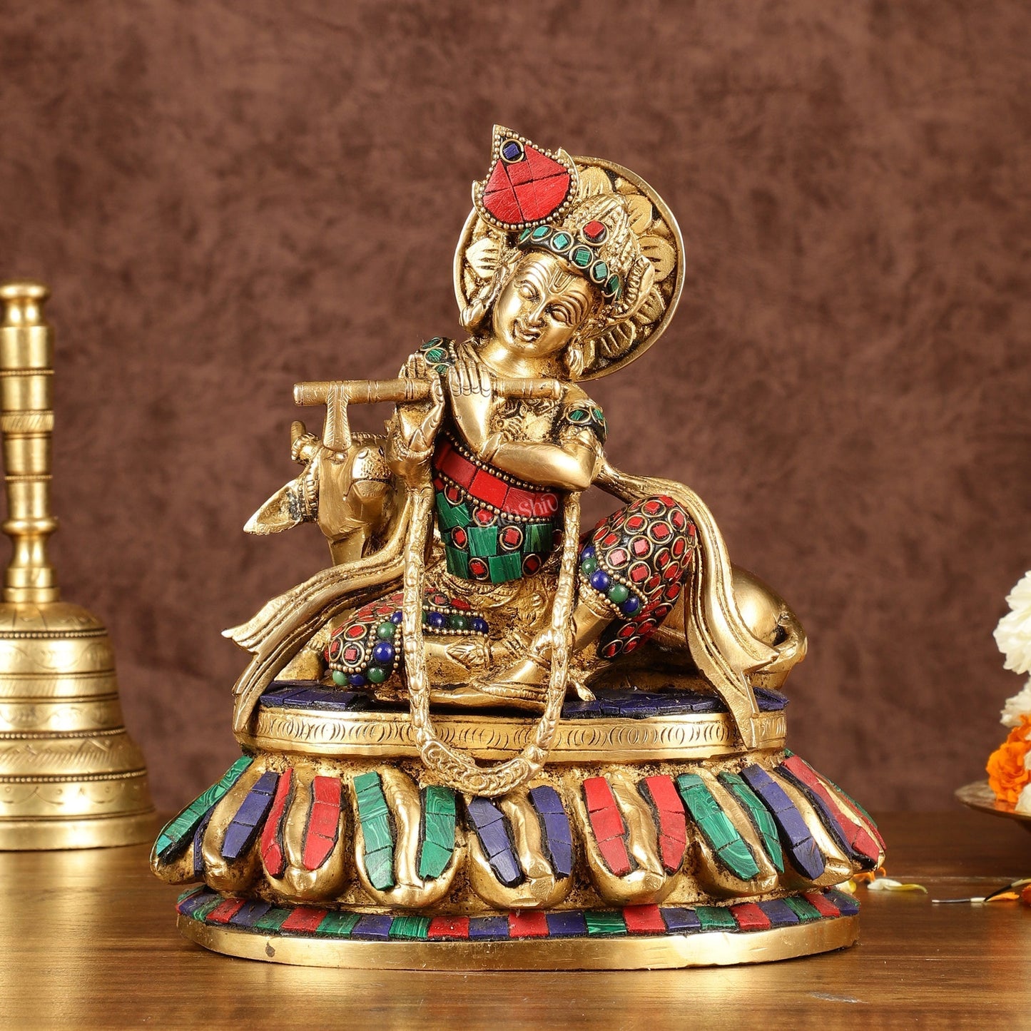 Lord krishna seated with cow brass idol with stonework 7.5 inch - Sama Homes Idol - Brass Sculpture