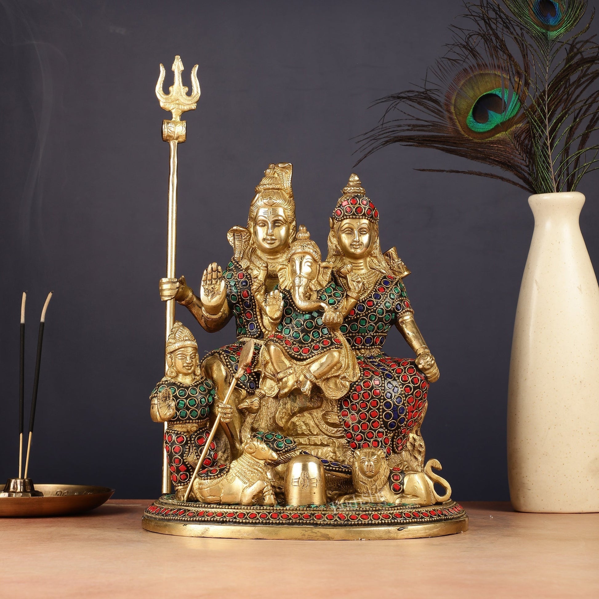 Handmade Brass Lord Shiva Parivaar Idol 10" with stonework - Sama Homes Idol - Brass Sculpture - Eco-friendly - Sama Homes