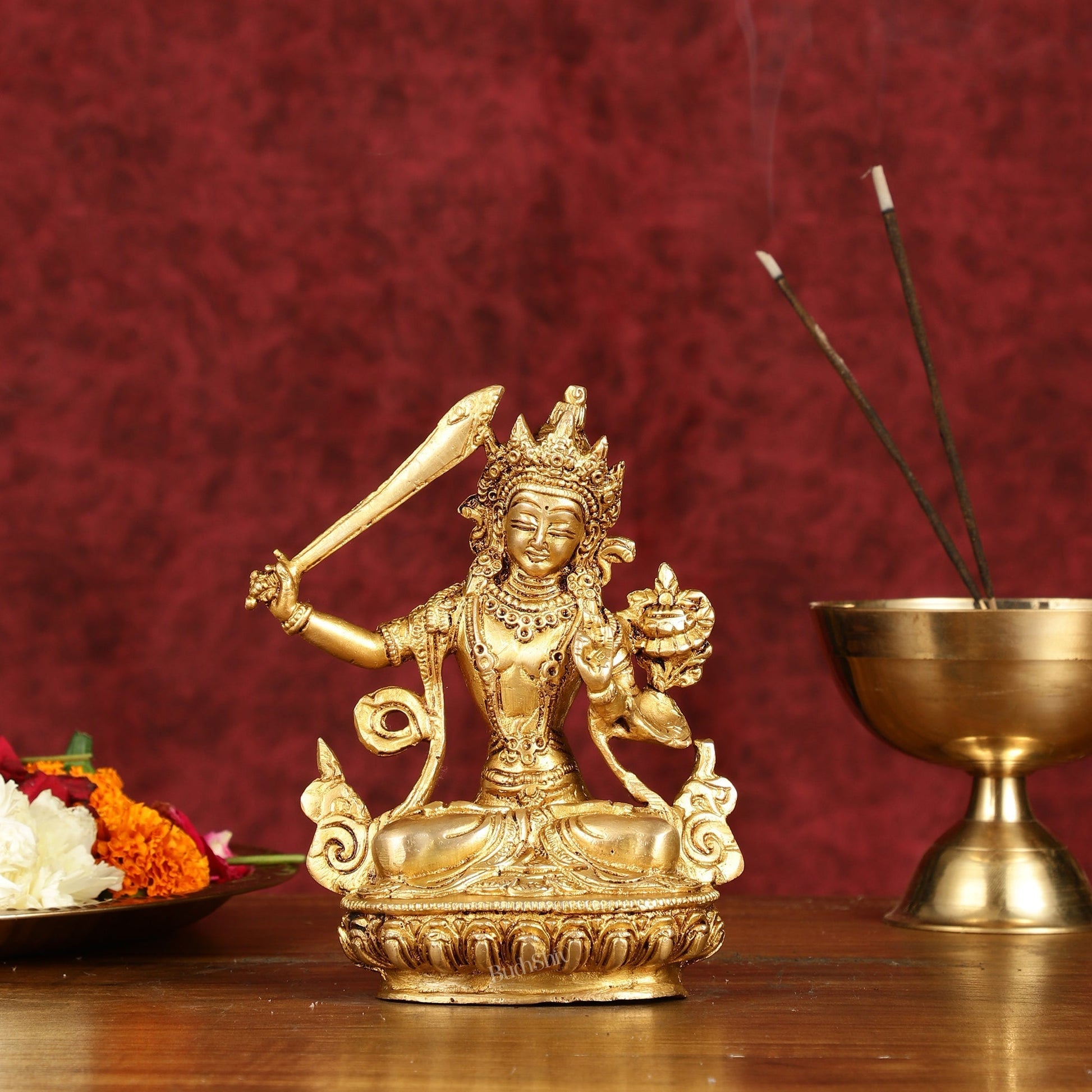 Pure Brass 6-Inch Manjushri Bodhisattva of Wisdom Statue - Sama Homes Idol - Brass Sculpture - Eco-friendly - Sama Homes
