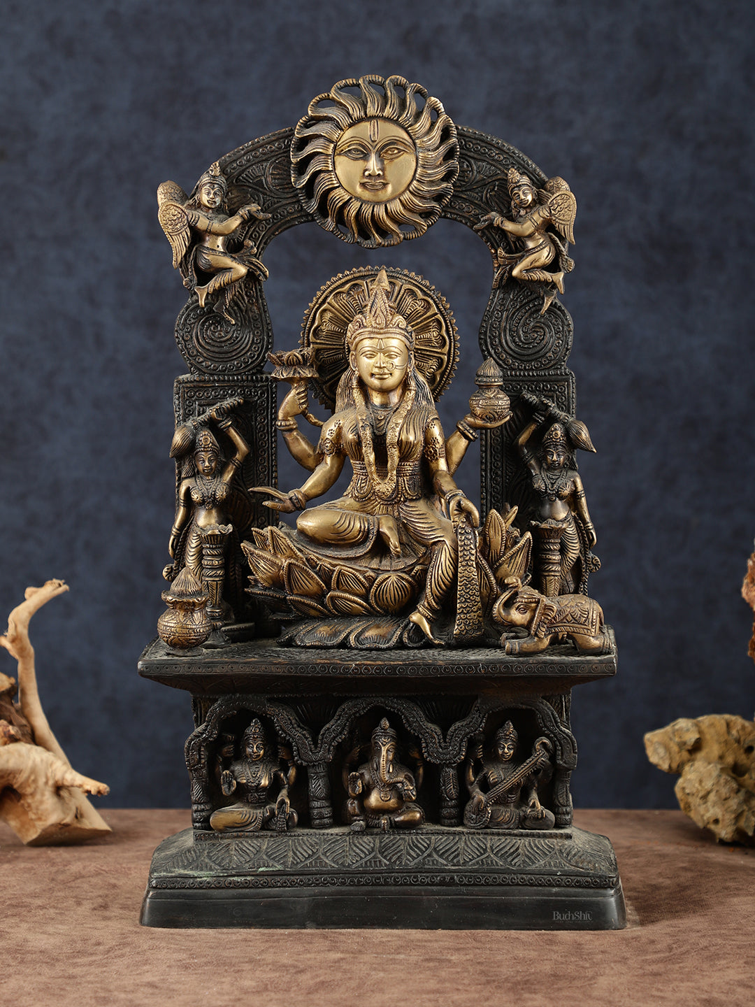 Brass Goddess Lakshmi Mata Statue – 20" Height, Antique Chola Style, Dual-Tone Finish | 100% Certified Copper & Brass - Sama Homes Idol - Brass Sculpture - Eco-friendly - Sama Homes