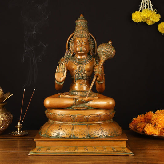 Handcrafted Brass Blessing Hanuman Sculpture - 18" Height, Antique Bronze Tone - Sama Homes Idol - Brass Sculpture