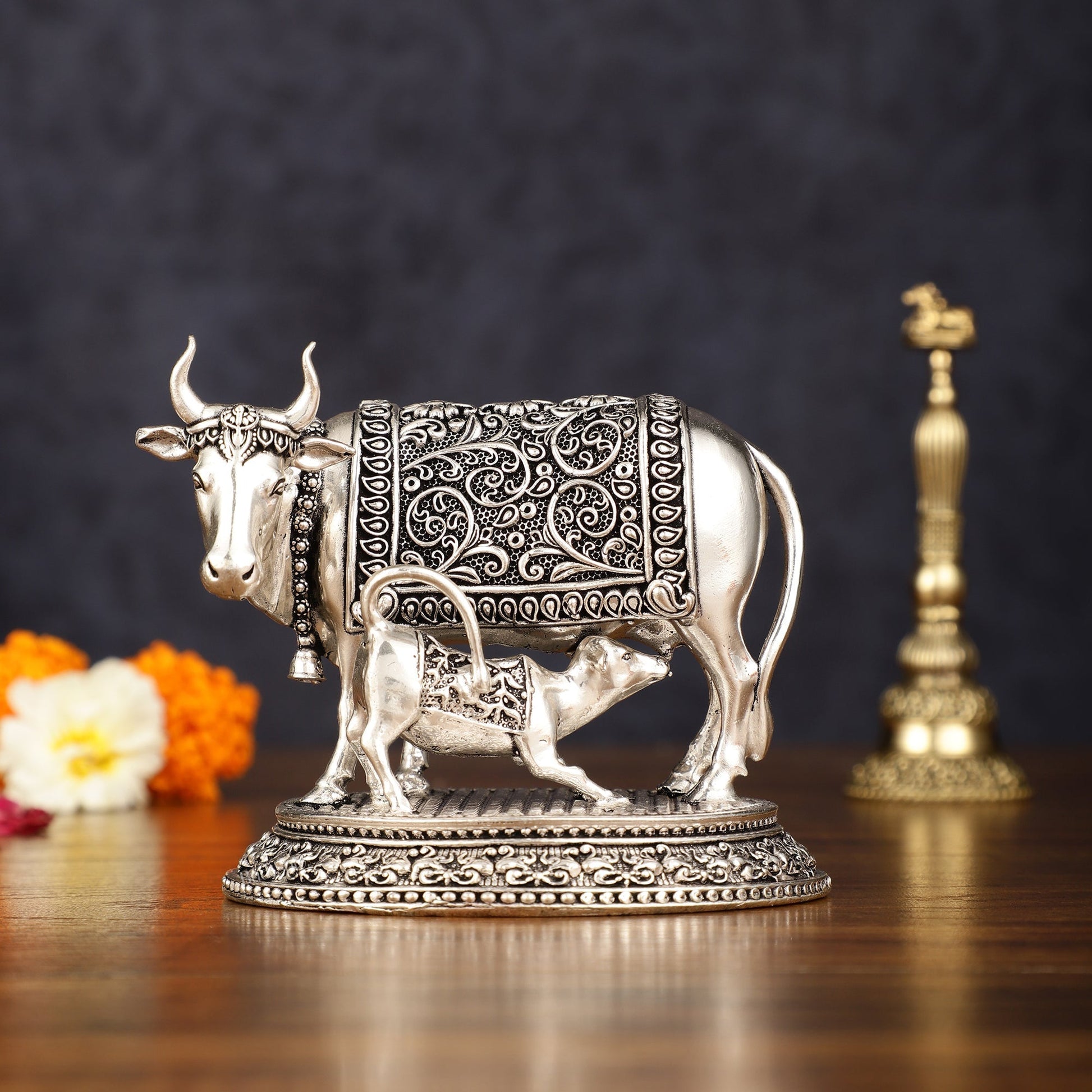 Pure Brass Silver Plated Kamdhenu Cow with Calf Idol - 4" Tall - Sama Homes Idol - Brass Sculpture - Eco-friendly - Sama Homes
