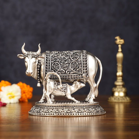 Pure Brass Silver Plated Kamdhenu Cow with Calf Idol - 4" Tall - Sama Homes Idol - Brass Sculpture