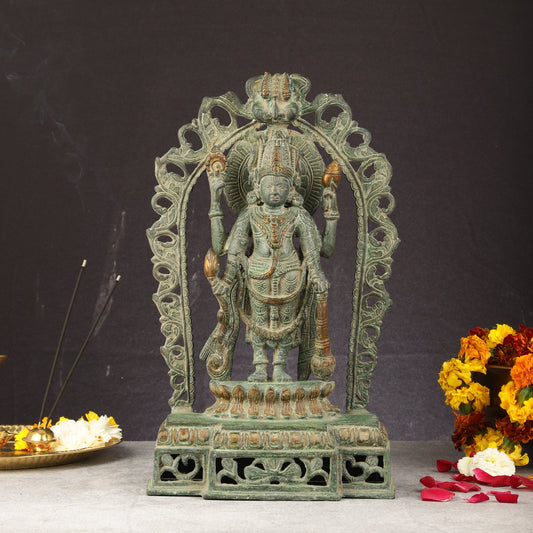 Antique Brass Standing Lord Vishnu Statue with Prabhavali - 16 inch | 100% Certified Copper & Brass - Sama Homes Idol - Brass Sculpture