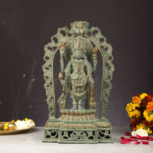 Sama Homes-antique brass standing lord vishnu statue with prabhavali 16 inch 1