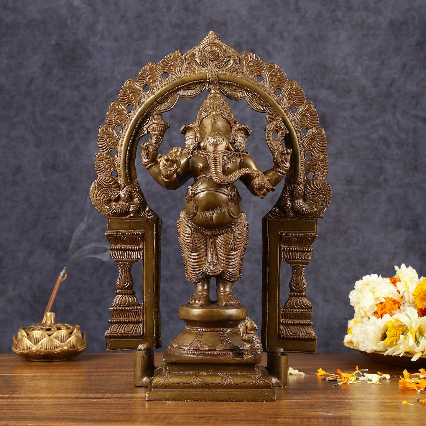 Antique Standing Ganapati Brass Statue with Prabhavali Arch | 14 inches | 100% Certified Copper & Brass - Sama Homes Idol - Brass Sculpture