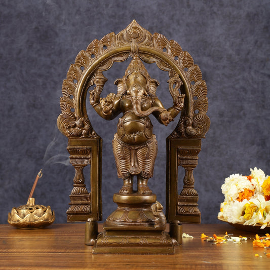 Sama Homes-antique standing ganapati brass statue with prabhavali arch 14 inches