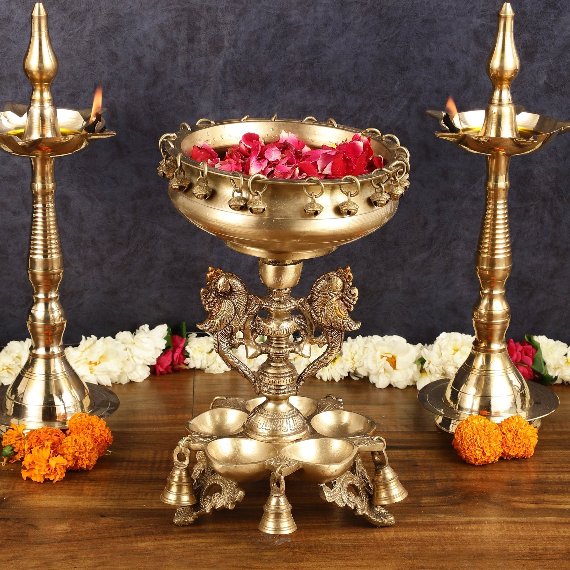 Pure Brass Urli with Stand Diyas | 13 Inch – Sama Homes - Eco-friendly - Sama Homes