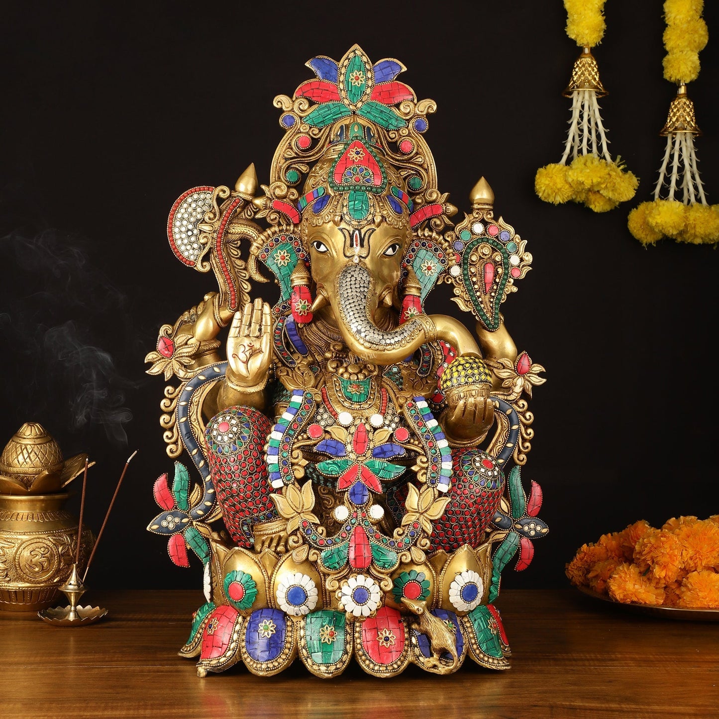 Brass Superfine Lord Ganesha Idol with Lotus - 24" Height - Sama Homes Idol - Brass Sculpture