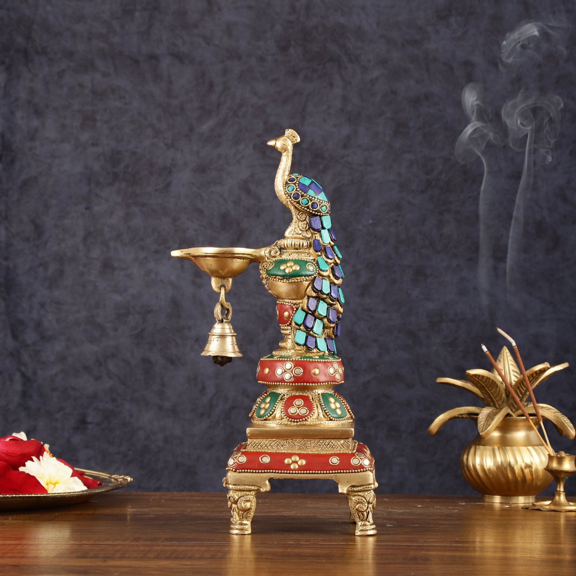 Pure Brass Peacock Diya with Meenakari Work -  11" Height – Sama Homes - Eco-friendly - Sama Homes