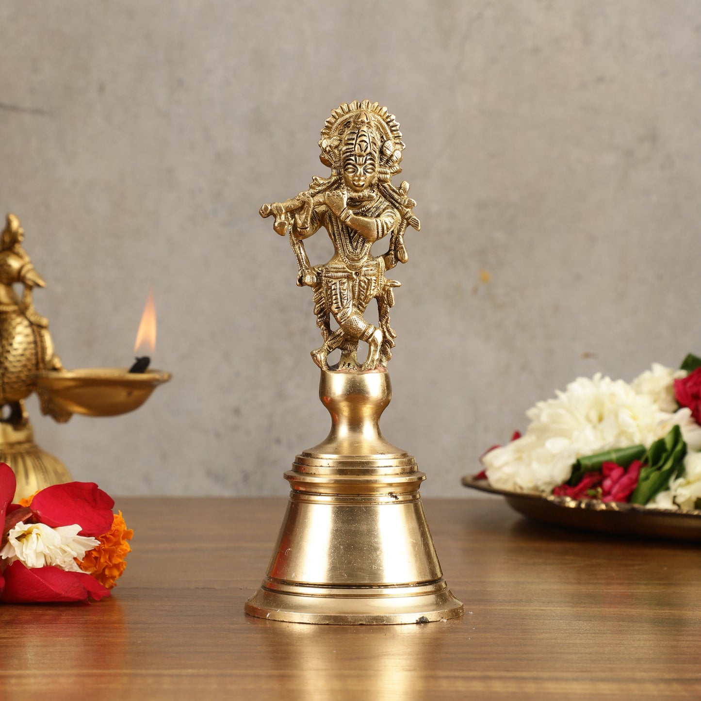 Pure Brass Krishna Handcrafted Hand Bell - 7 in Height - Sama Homes Idol - Brass Sculpture