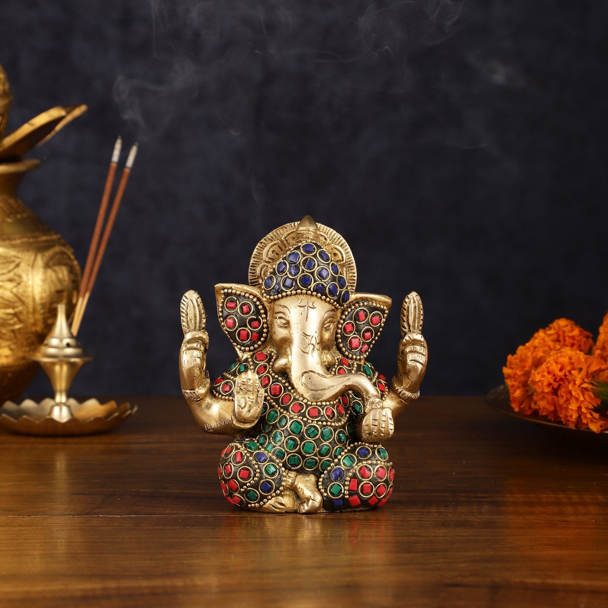 Handcrafted Pure Brass Ganesha Idol with Meenakari Artistry and Natural Stones, 5" - Sama Homes Idol - Brass Sculpture - Eco-friendly - Sama Homes