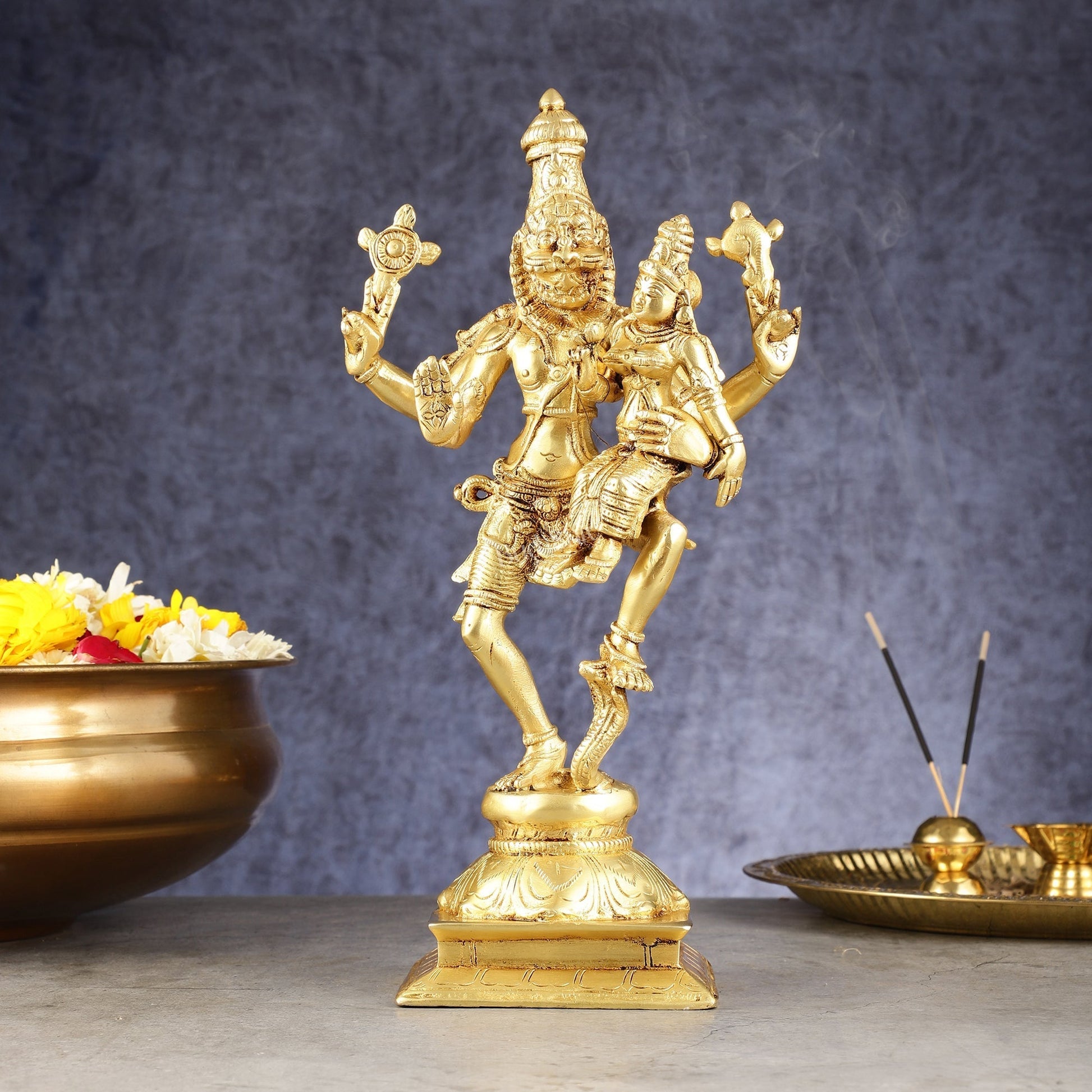 Pure Brass Lord Narsimha with Devi Lakshmi Idol - 12" - Sama Homes Idol - Brass Sculpture - Eco-friendly - Sama Homes