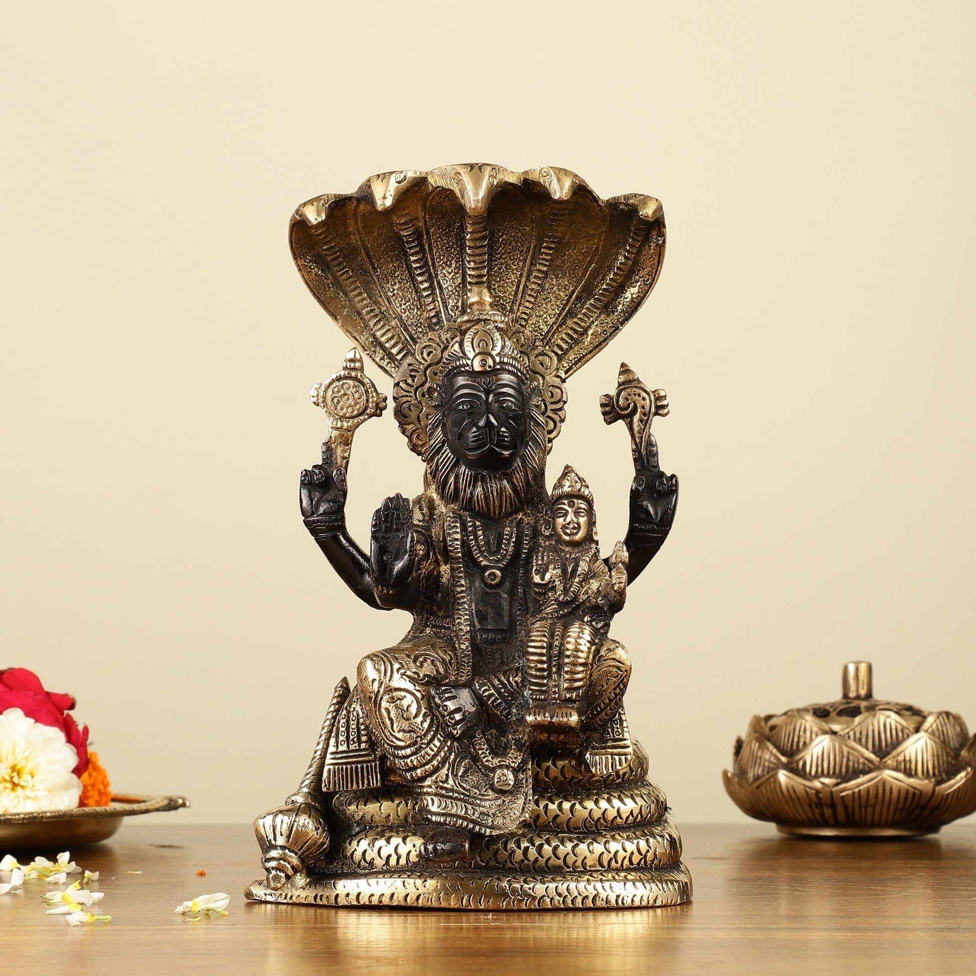 Handcrafted Pure Brass Narasimha Lakshmi Statue - 8" - Sama Homes Idol - Brass Sculpture - Eco-friendly - Sama Homes