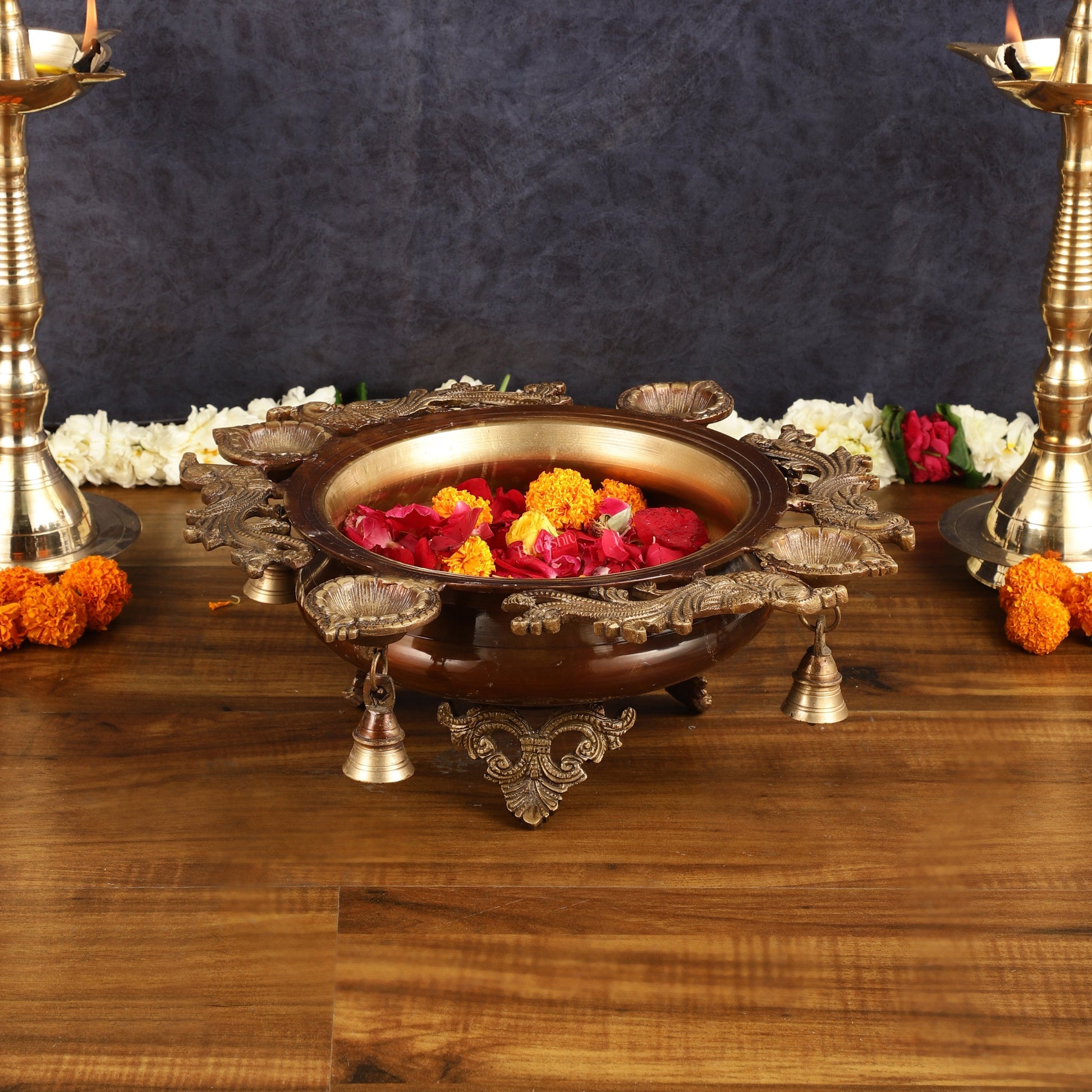 Elegant Pure Brass Urli with Diyas - 15"x15"x5.5" | Traditional Decor – Sama Homes - Eco-friendly - Sama Homes