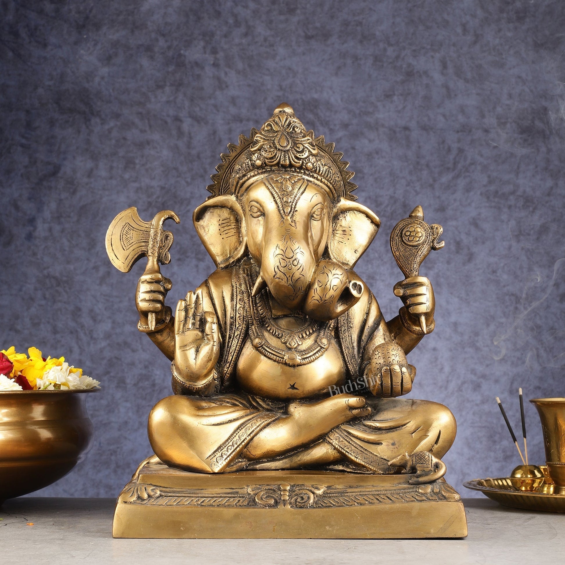 Handcrafted Pure Brass Dagduseth Ganapati Idol - 14" - Sama Homes Idol - Brass Sculpture - Eco-friendly - Sama Homes