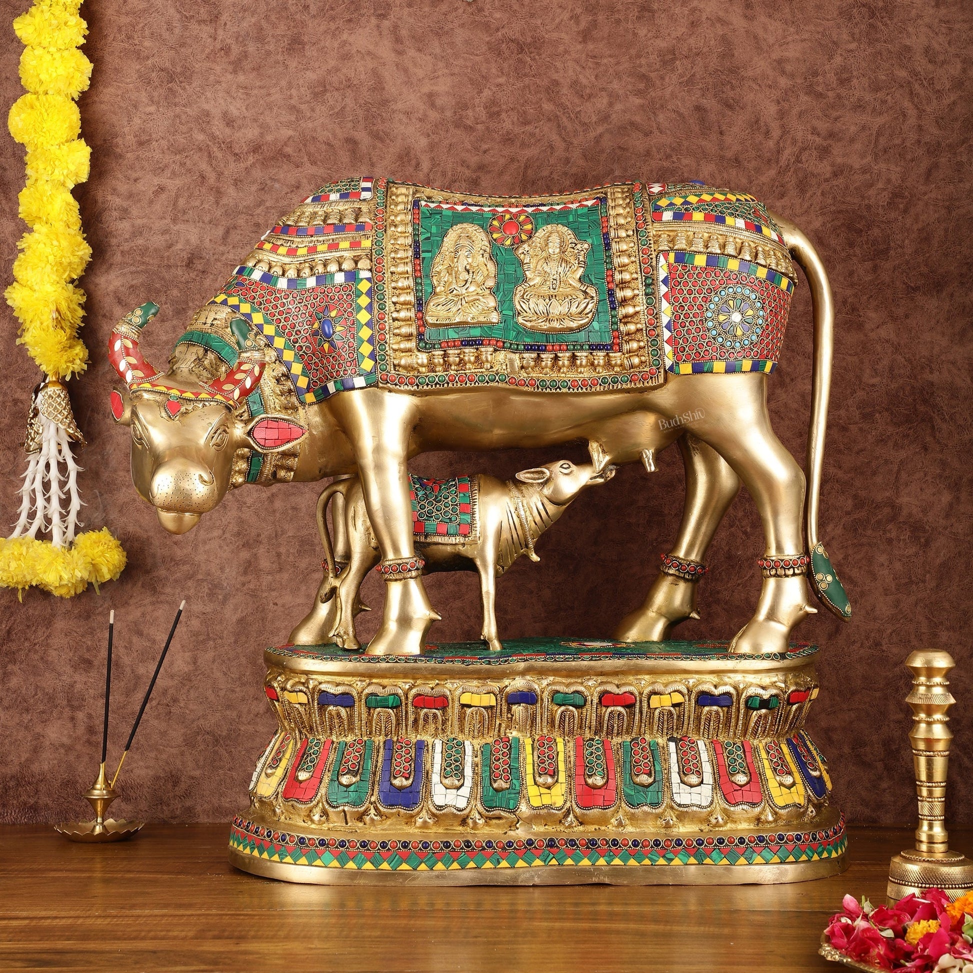 Brass Large Kamdhenu Cow with Calf Idol with Stonework - 21" x 22" - Eco-friendly - Sama Homes