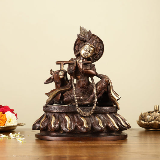 Pure Brass Lord Krishna Sitting with Cow Idol 8.5" - Sama Homes Idol - Brass Sculpture
