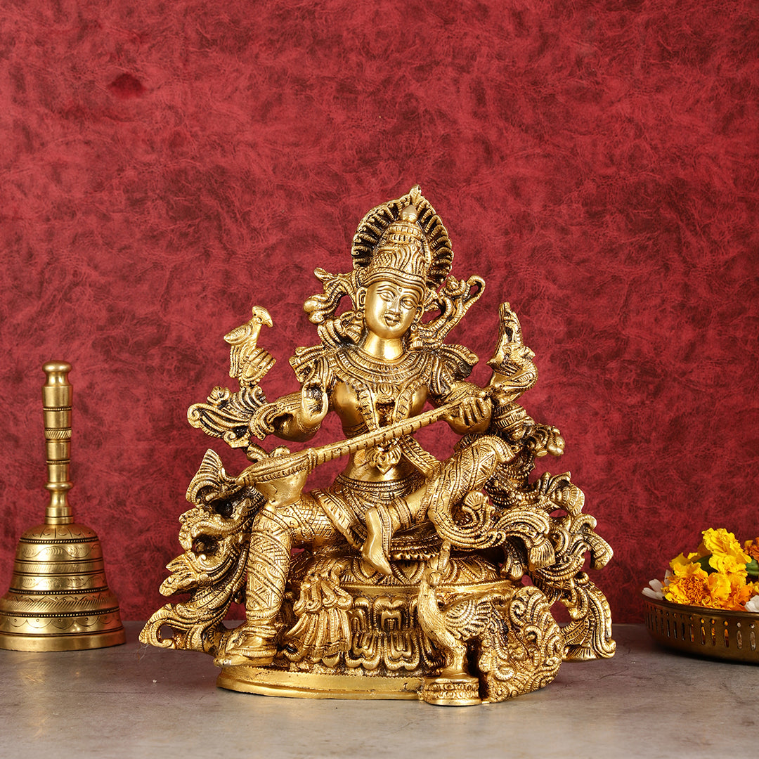 Brass Superfine Goddess Saraswati Statue | Height 12 inch - Sama Homes Idol - Brass Sculpture