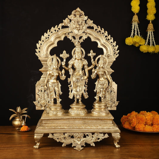Exquisite Pure Bronze Tirupati Balaji with Bhudevi and Sridevi Sculpture - 24" Hoysala Art - Sama Homes Idol - Brass Sculpture