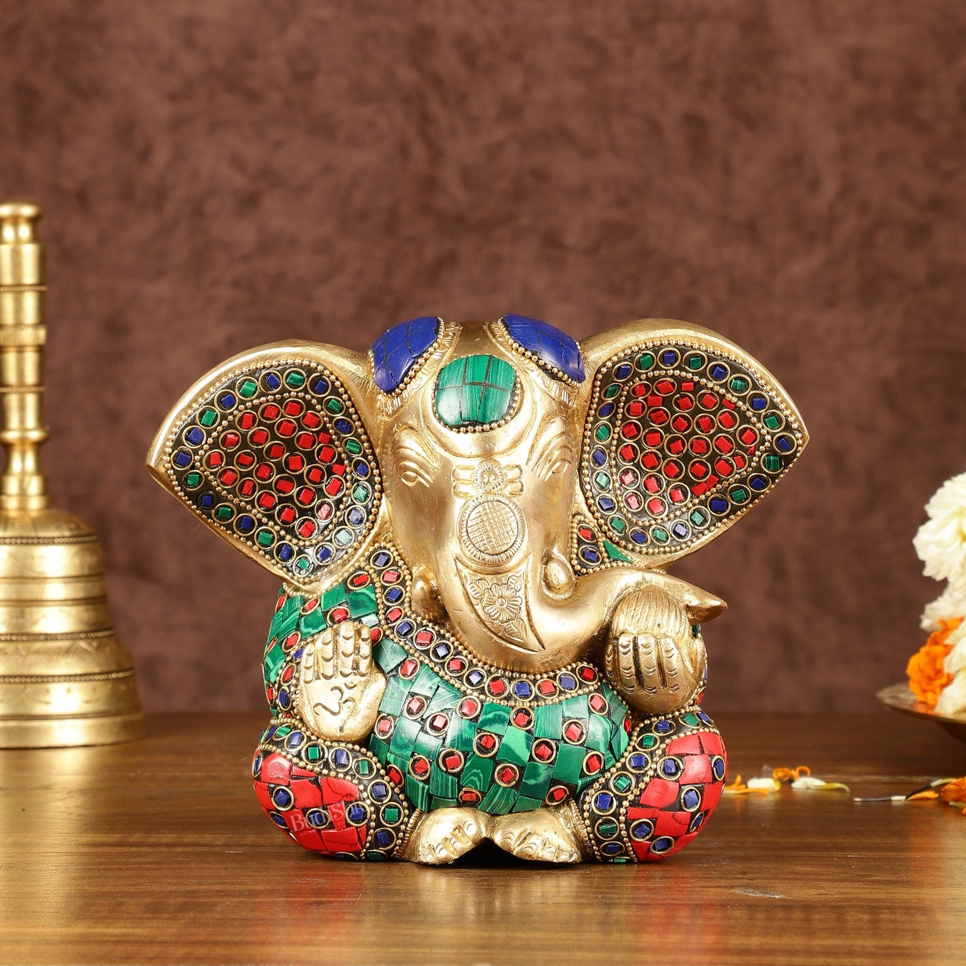 Brass Appu Ganesha Superfine Statue Big ears 6" with multicolour work | 100% Certified Copper & Brass - Sama Homes Idol - Brass Sculpture - Eco-friendly - Sama Homes