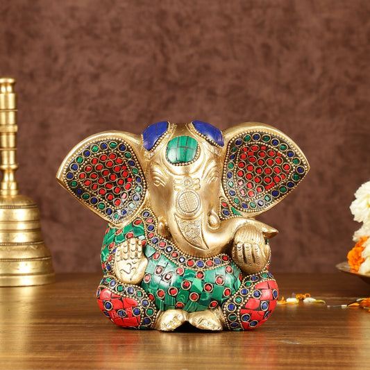 Brass Appu Ganesha Superfine Statue Big ears 6" with multicolour work | 100% Certified Copper & Brass - Sama Homes Idol - Brass Sculpture