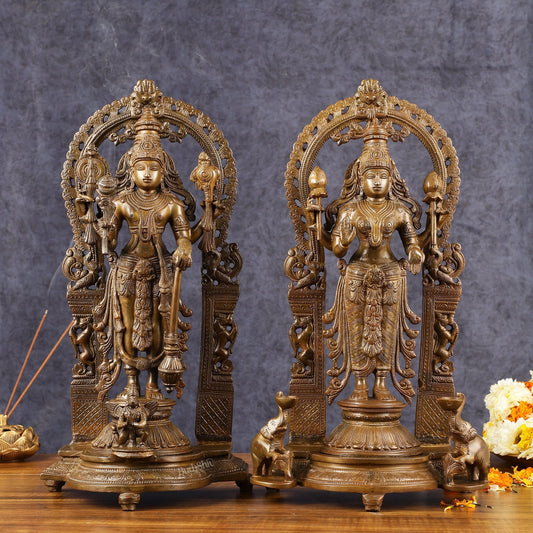 Antique Chola Style Pure Brass Lord Vishnu and Goddess Lakshmi Statues | 16 inch | 100% Certified Copper & Brass - Sama Homes Idol - Brass Sculpture