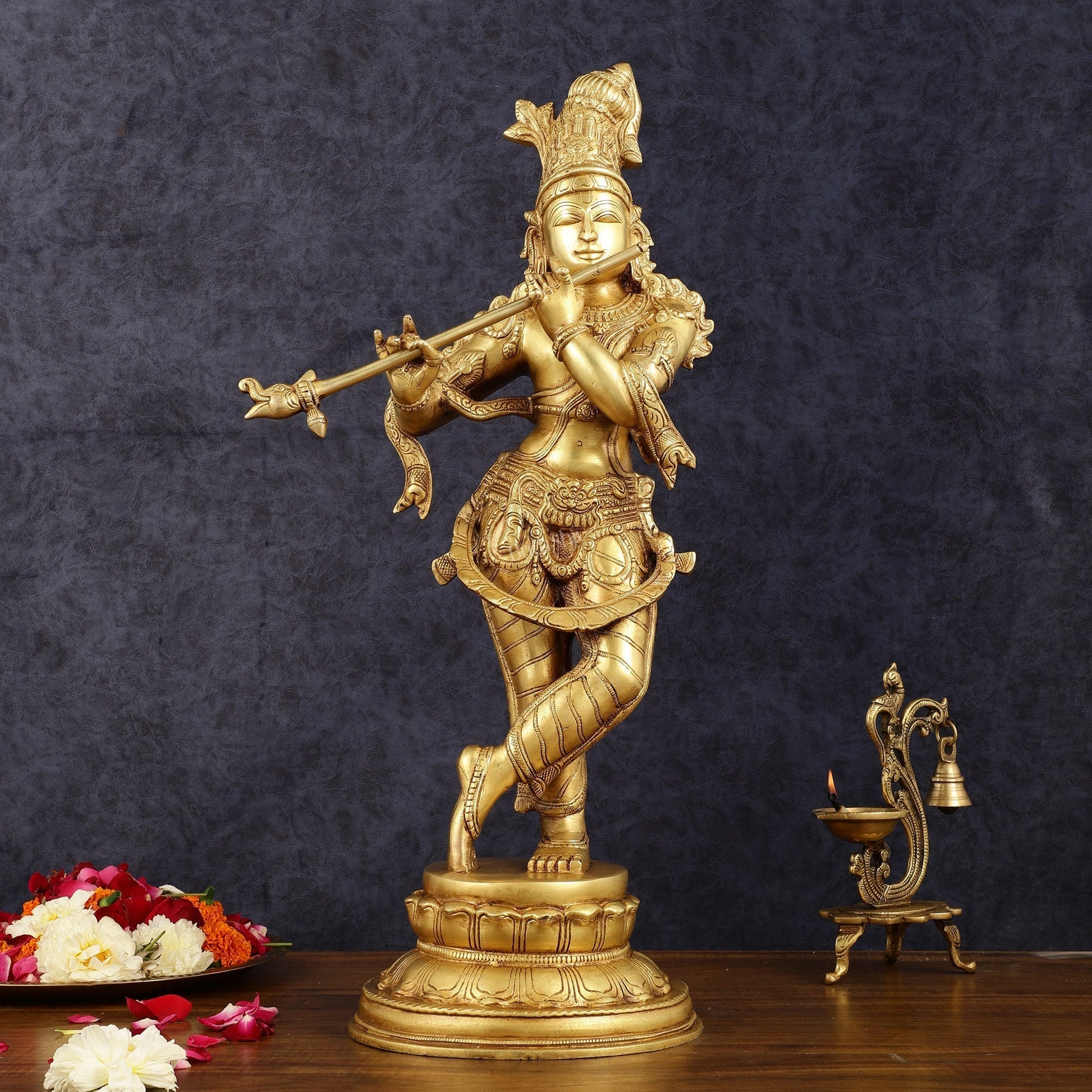 Exquisite 22-Inch Pure Brass Lord Krishna Statue - Sama Homes Idol - Brass Sculpture - Eco-friendly - Sama Homes