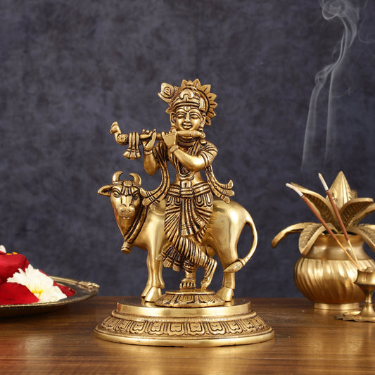 Pure Brass Krishna with Cow Idol - 8" Height - Sama Homes Idol - Brass Sculpture