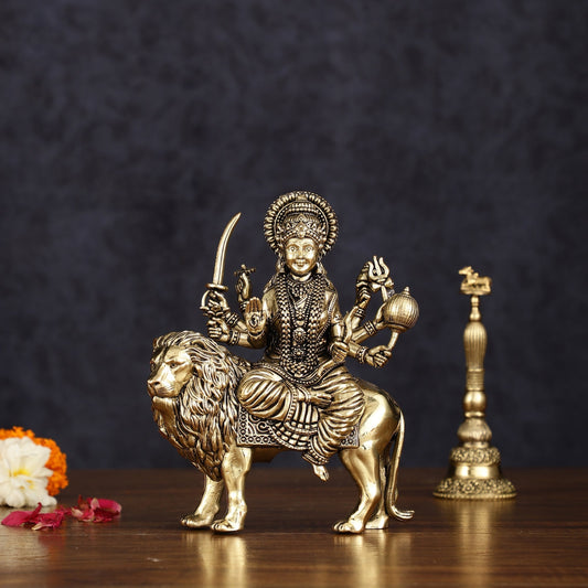 Brass Superfine Goddess Durga Ambe Mata Sitting on Lion - 6" Tall - Sama Homes Idol - Brass Sculpture