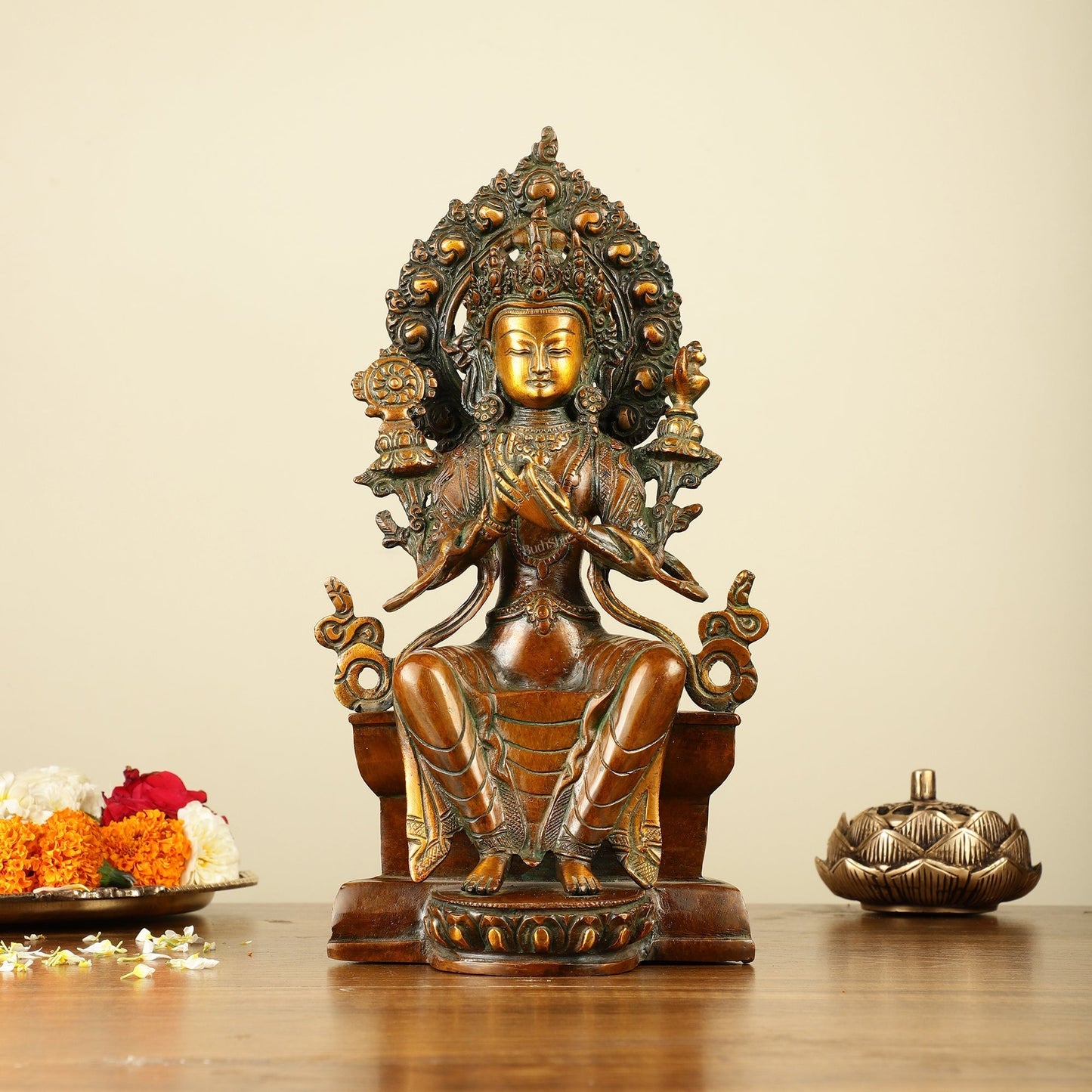 Pure Brass Maitreya Buddha Future Buddha Idol - Symbol of Hope 11" - Sama Homes Idol - Brass Sculpture