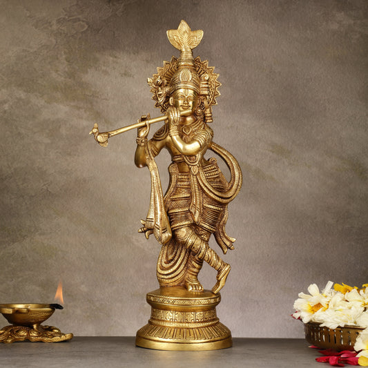 Pure Brass Lord Krishna Unique Statue | 15.5" - Sama Homes Idol - Brass Sculpture