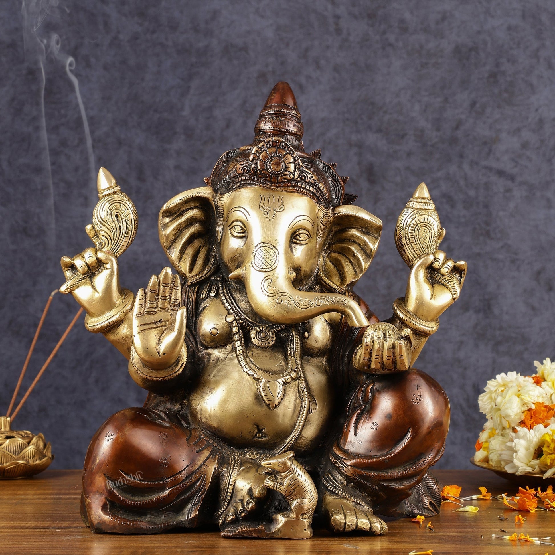 Ganapati Brass Idol - Extraordinary Double Chola Finish, 13" Height - Sama Homes Idol - Brass Sculpture - Eco-friendly - Sama Homes