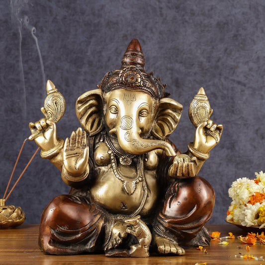 Ganapati Brass Idol - Extraordinary Double Chola Finish, 13" Height - Sama Homes Idol - Brass Sculpture