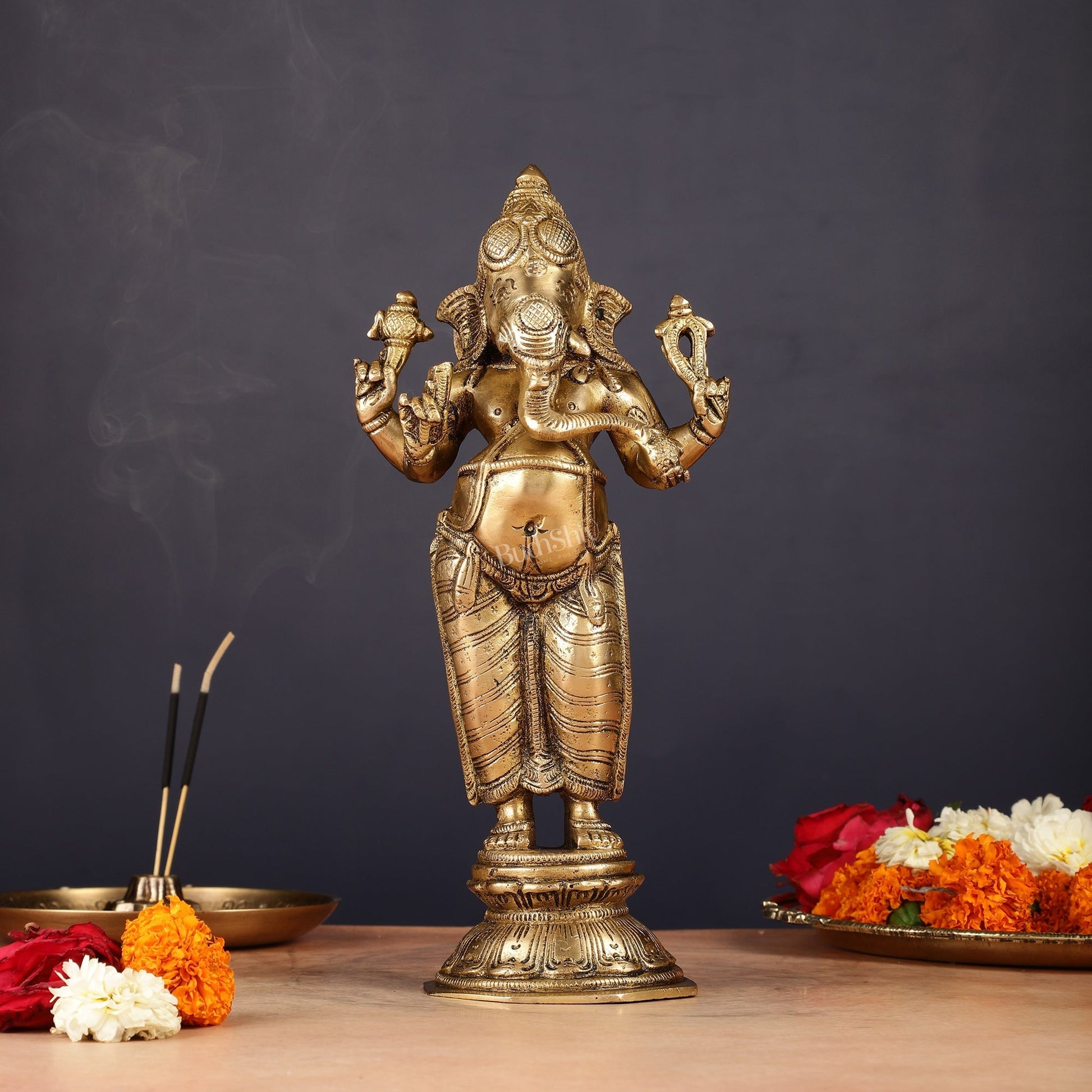 Brass Standing Ganesha Idol 10" | 100% Certified Copper & Brass - Sama Homes Idol - Brass Sculpture - Eco-friendly - Sama Homes