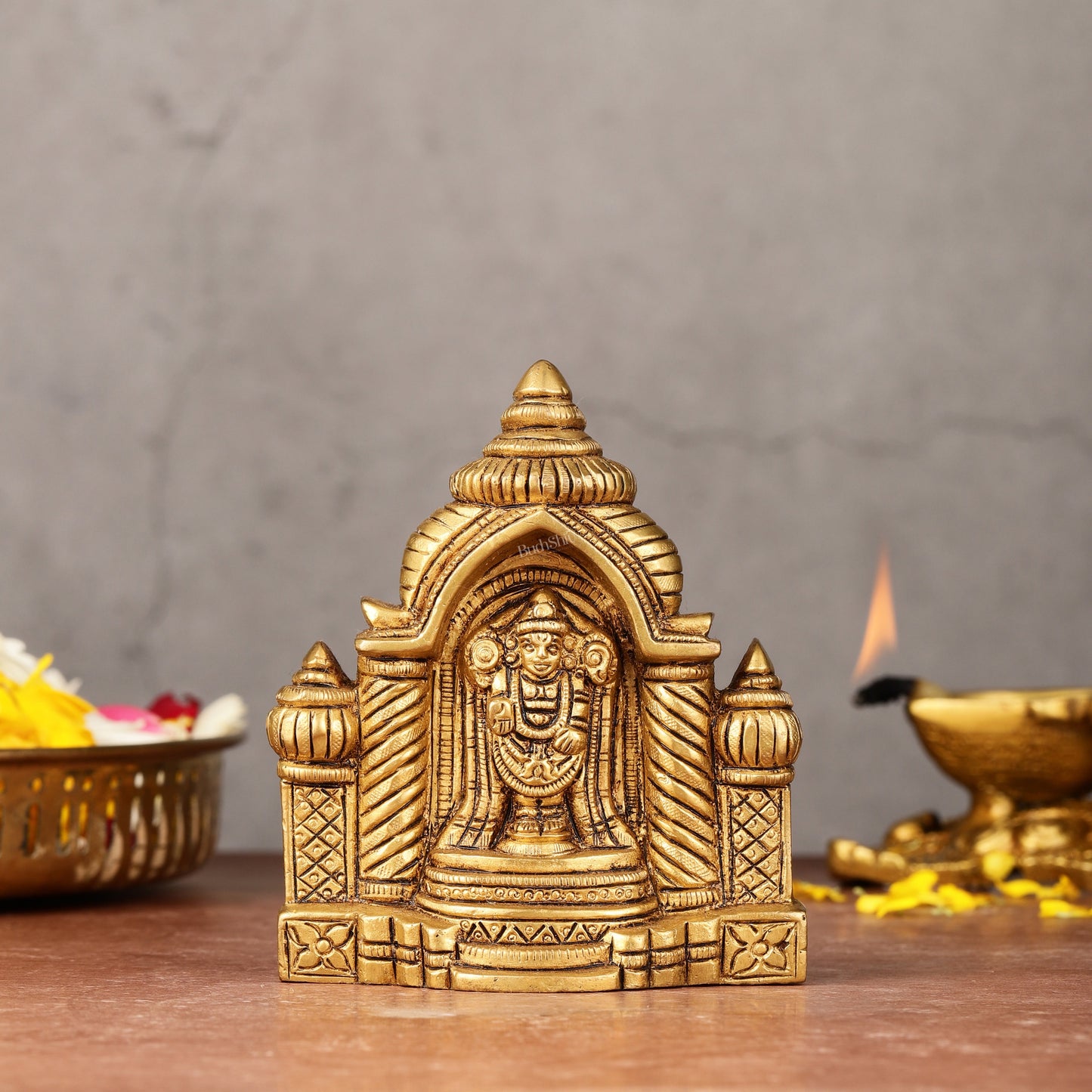 Pure Brass Superfine Miniature Tirupati Balaji Idol with Temple - 4" - Sama Homes Idol - Brass Sculpture