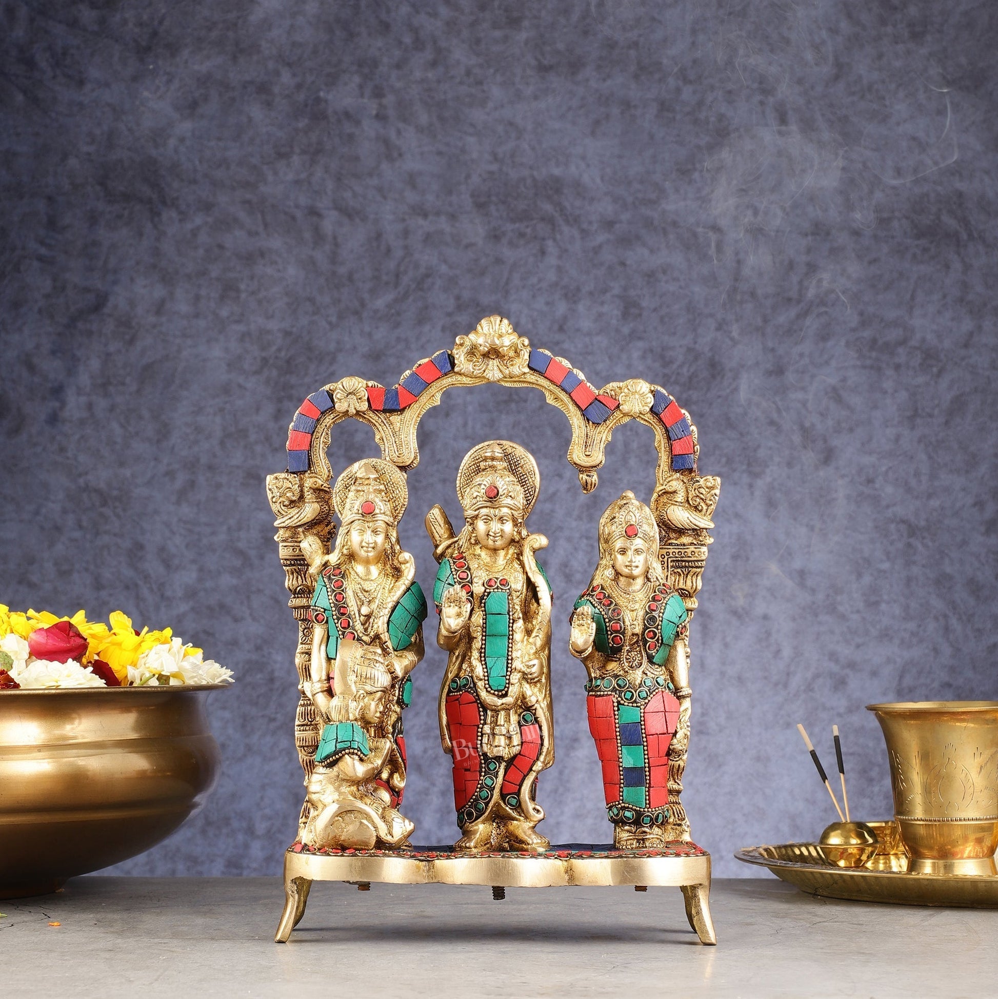 Exquisite Brass Ram Darbar with Inlay Stonework - 11 Inch - Sama Homes Idol - Brass Sculpture - Eco-friendly - Sama Homes