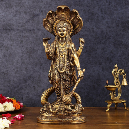 Brass Lord Vishnu Standing Idol with Sheshanaag antique 17 inch | 100% Certified Copper & Brass - Sama Homes Idol - Brass Sculpture